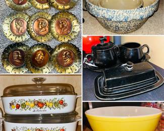vintage brass and copper wall plaques featuring famous composers, spice of life casserole dishes, vintage yellow, Pyrex large bowl, black Fiestaware, vintage Robinson Ransbottom Pottery blue spongeware mixing bowl