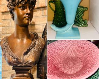 Vintage female bust, Bordallo Pinheiro ceramic plate and bowl, mid century modern planter 