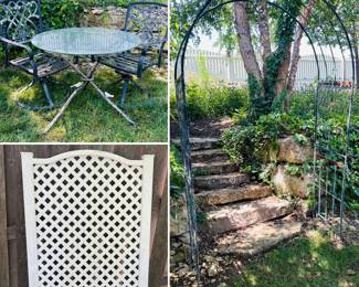 Outdoor patio table and chair set, white lattice panel/trellis/privacy screen 