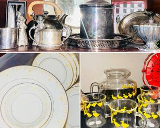 Vintage Noritake Fragrance China set, variety of silverplate pieces, vintage duck/duckling pitcher and glass set 