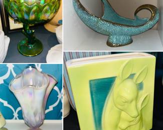 Vintage Indiana green carnival glass lotus compote, California Modern Art Ceramic Center Bowl, vintage Fenton pink Lilly of the valley vase, Ceramic ROYAL COPLEY Deer planter 
