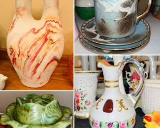 Vintage Native American Nemadji wedding vase, vintage Holland molded cabbage bowl with lid, vintage Bohemian art glass cruet and stopper, antique nippon Noritake china 