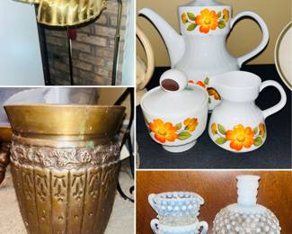 Vintage Brass Shell Floor Lamp, vintage brass trashcan, mid century modern Tirschenreuth Bavaria Porcelain Teapot/creamer/sugar set, vintage glass hobnail 