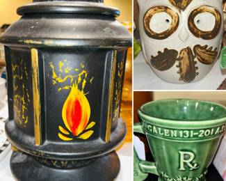 Vintage McCoy Black Lantern with Flame Cookie Jar, Schering Medicine Drug Store Ceramic Mug, vintage ceramic owl