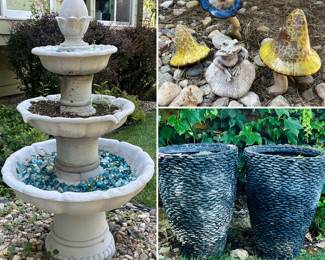 3 tier outdoor water fountain, ceramic mushrooms, large outdoor planters 