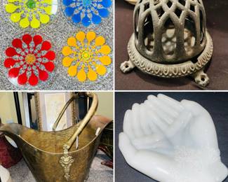 Antique cast iron yarn holder, vintage brass scuttle bucket planter, Lotta Odelius Atomic Design Salad Plates