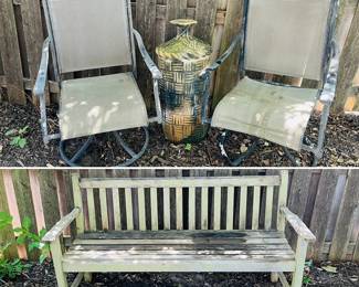 Outdoor swiveling patio chairs, wooden bench