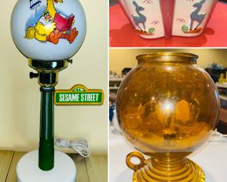 Vintage Sesame Street Light Post Big Bird Lamp, Jeannette Glass Candle Hurricane Lamp, vintage Japan compote relish dish/candle holder 