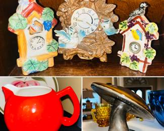 Cuckoo Clock Bird Wall Sconce Pocket Flower Vase, MCM Bright Red Round Pitcher Made in Czechoslovakia, Vintage Freeman & McFarlin California Pottery mushroom, signed Maynard Anthony Freeman
