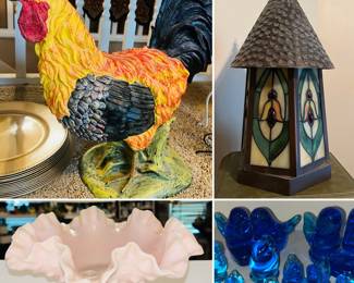 Vintage CBK LTD. 1997 life size Rooster, Fenton Glass Hobnail 3 Three Horn Epergne Bowl, vintage Leo ward blue bird of happiness figurines, Tiffany style house lamp 