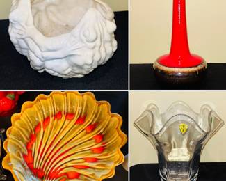 Tiffin glass vase, vintage ceramic three dancing frogs vase, Vintage Maddux Of California Pottery Seashell Clam Art