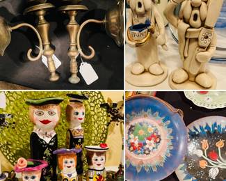 Gantz Susan Palsy Vintage 80s Vases Figurines, solid brass wall sconces, Vintage Tweeples figurines by Joe Peck, Vintage Enamel painted Ware Copper trinket dishes 