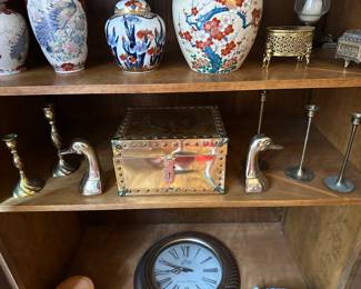 Brass Duck Book Ends MCM/ Brass MCM Candle stick holders/ Brass storage trunk/ oriental vases