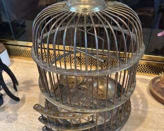 MCM Brass Bird Cage w/ Brass Dishes