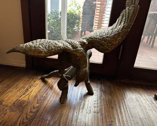 Massive 34” wing span mid-century modern brass American bald eagle statue. 
