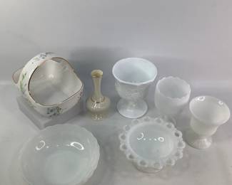 Lenox Bud Vase and Milk Glass Bowls and Vases