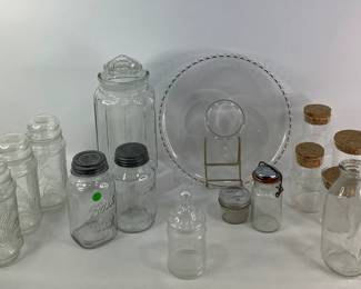 Imperial Glass Candlewick Serving Platter and Variety of Glass Bottles and Jars
