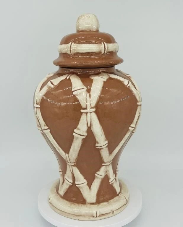 Large Ceramic Signed Bamboo Ginger Jar