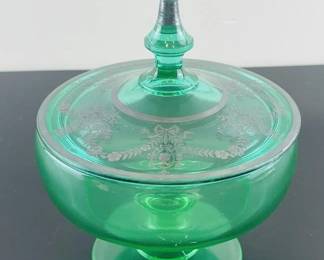 Antique Green Depression Glass-Lidded Candy Dish