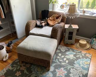  Rattan, chair, and ottoman