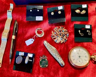 Gold earrings, pocket watch