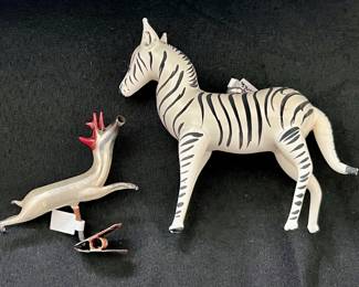 vintage Italian De Carlini glass Christmas ornament zebra.  vintage German Bimini blown mercury glass deer.