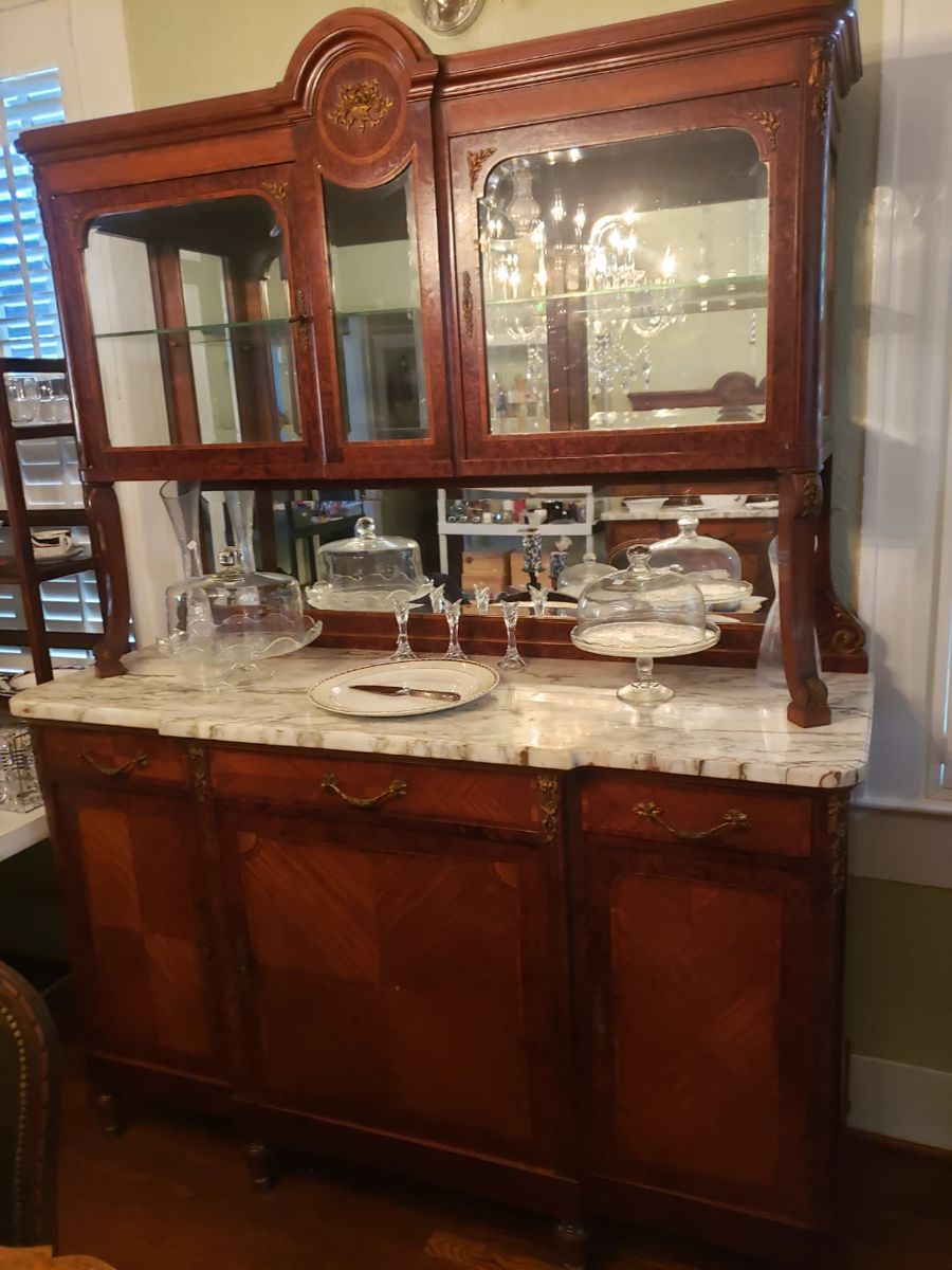 FRENCH LOUIS XVI STYLE MIRRORED SIDEBOARD CHINA CABINET WITH MARBLE TOP