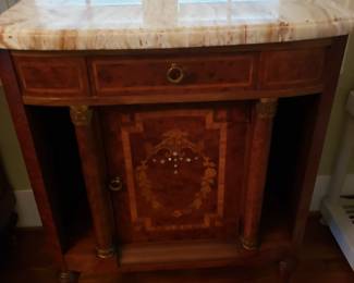 FRENCH LOUIS XVI STYLE BOW FRONT MAHOGANY CABINET WITH MARBLE TOP