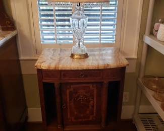 FRENCH LOUIS XVI STYLE BOW FRONT MAHOGANY CABINET WITH MARBLE TOP