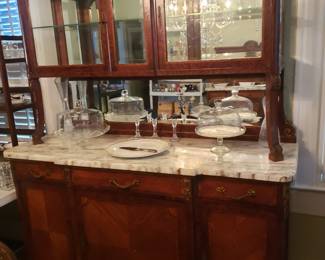 FRENCH LOUIS XVI STYLE MIRRORED SIDEBOARD CHINA CABINET WITH MARBLE TOP