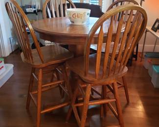 CAFE PEDESTAL TABLE AND 4 TALL CHAIRS