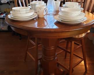 TALL CAFE PEDESTAL TABLE AND CHAIRS & LENOX CHINA, OYSTER BAY PATTERN