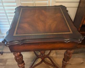 Carved Mahogany Side table with drawer, and barley twist legs attributed to Theodore Alexander