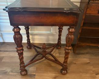 Carved Mahogany Side table with drawer, and barley twist legs attributed to Theodore Alexander
