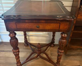 Carved Mahogany Side table with drawer, and barley twist legs attributed to Theodore Alexander