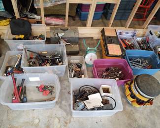Misc grips, hand saws, scale, drill bits, screwdrivers, etc