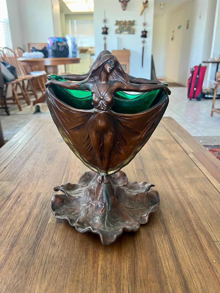 Vintage Art Nouveau by Jud figural Bronze Vase w/Rare Emerald Glass incert
