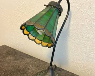 Art Nouveau Stained Glass Leaded and Brass Accent Lamp