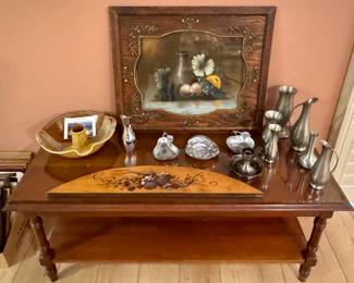 Coffee Table •  Beautifully Framed Painting • Pottery • Pewter Vases