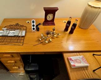 Wooden Desk • Wall Art • Desk Clock • Coke Bottles • Desk Lamp