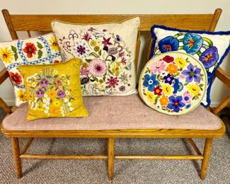 Wooden Bench • Hand Decorated Pillows