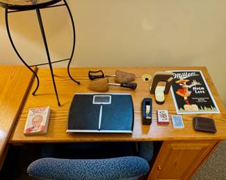 Desk • Plant Stand • Scale • Vintage Shoe Molds • Playing Cards • Leather Wallet