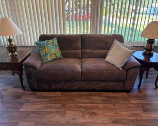 Sofa, 2 Brass Lamps and 2 Broyhill End Tables 