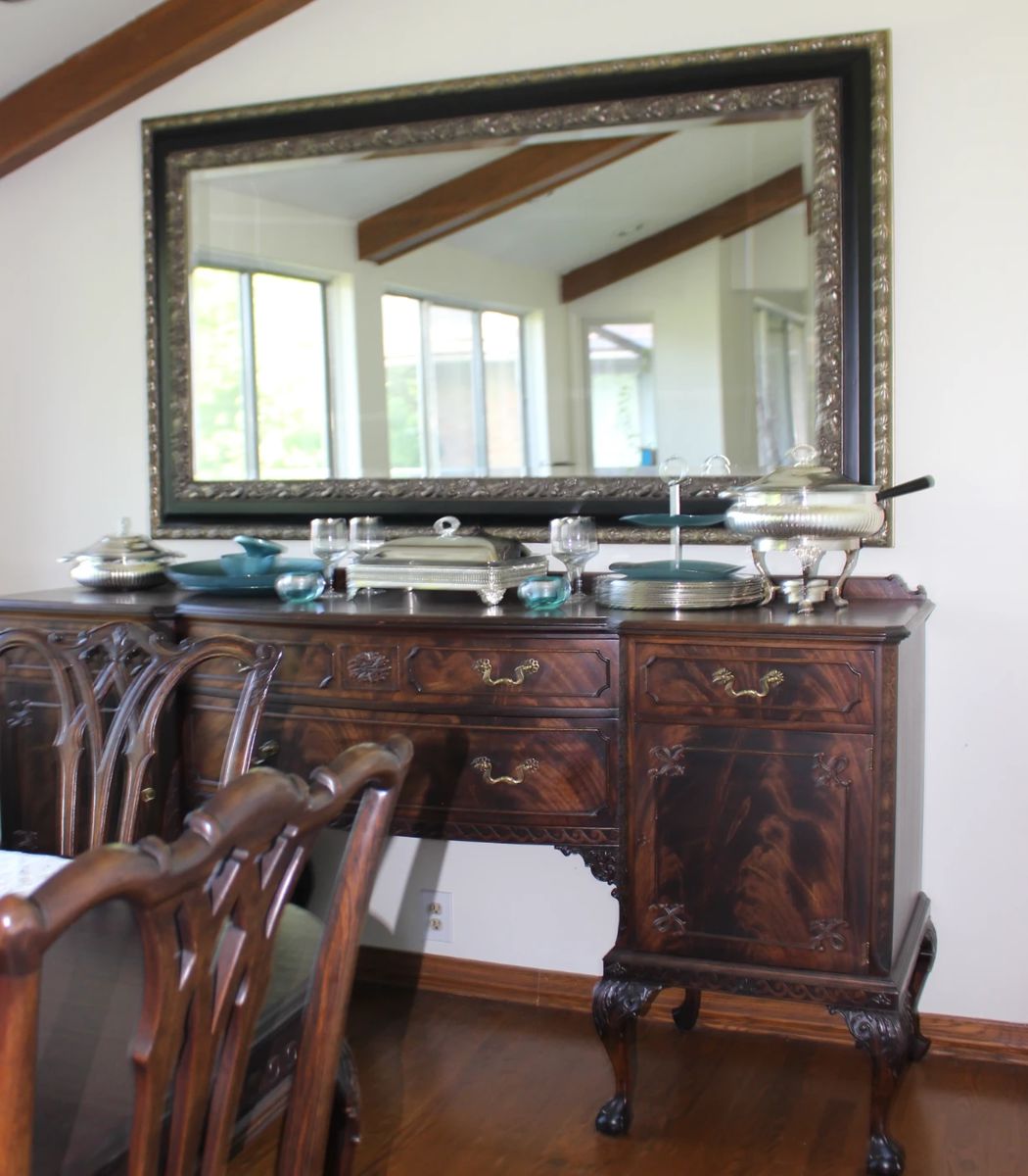 Georgious Finely Carved Wood Buffet, Nice Black Gold Beveled Mirror, SILVER Serving Items Reed Barton