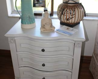 Asian Basket, Vintage Pitcher, Sculpture, Night Stand or End Table with Plug Strip
