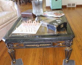Coffee Table with BBeverled glass Top, Brass Design Marble Style Sides