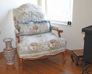 Carved Wood Upholstered Chari, Asian Vase, Asian Stool