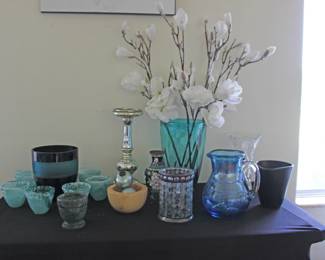 Turquoise Vase, Blk and Turquoise Vase, Candle Holder, Asian Base, Vintage Blue Pitcher, Black Pottery Vase Planters