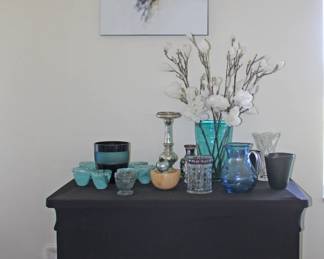 Art, Glassware, Vases, Baskets, Asian Vase, Black & Turquoise Pottery Vase-Planter,  Candle Holder, Blue Vintage Pitcher, Crystal Vase, MCM Vase