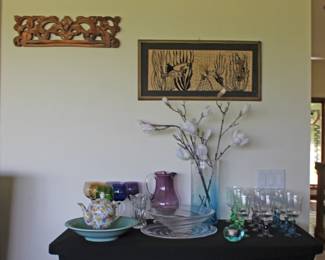 Carved Wood Art, Bases, Tea Pot, Crystal Vase, Glassware, Embroidered Fish Art